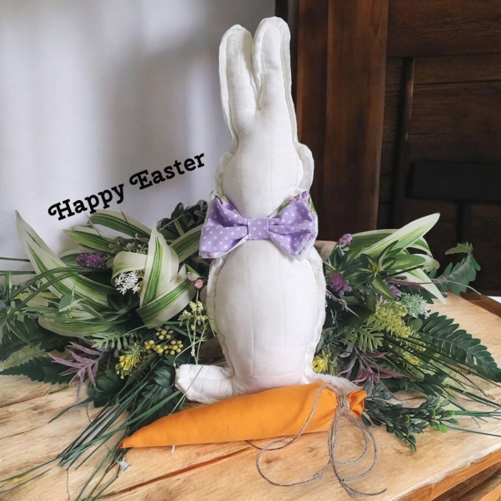 New Farmhouse White Bunny with Purple Bow and Orange Carrot Homemade